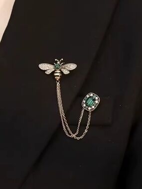 Anthropologie Silver Bee Double Chain Brooch with Green Stones